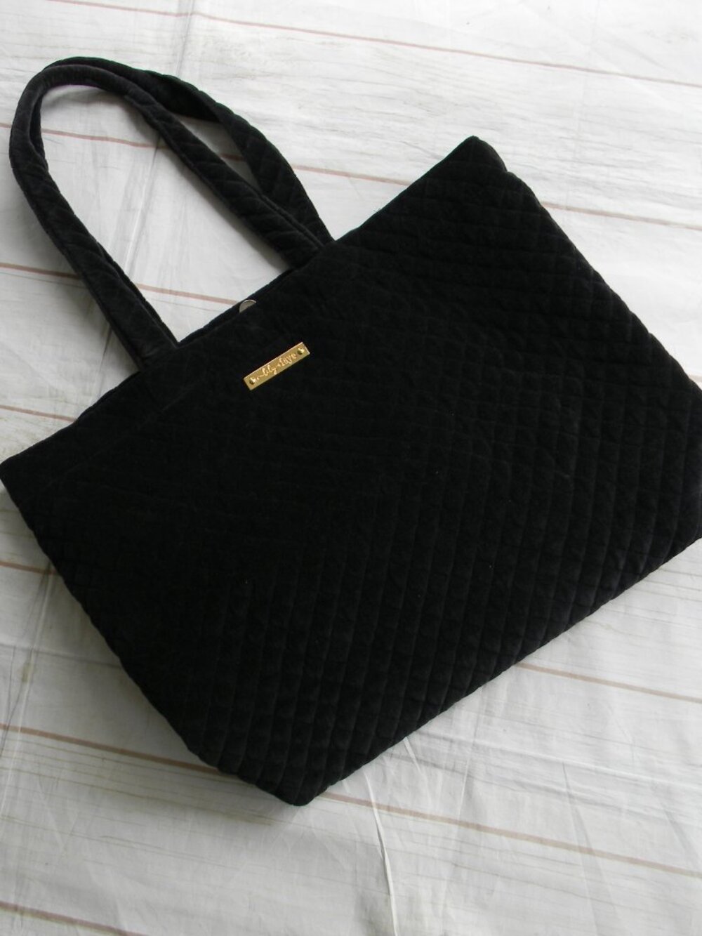 LILY & FAYE BLACK VELVET QUILTED LARGE TRAVEL WORK TOTE